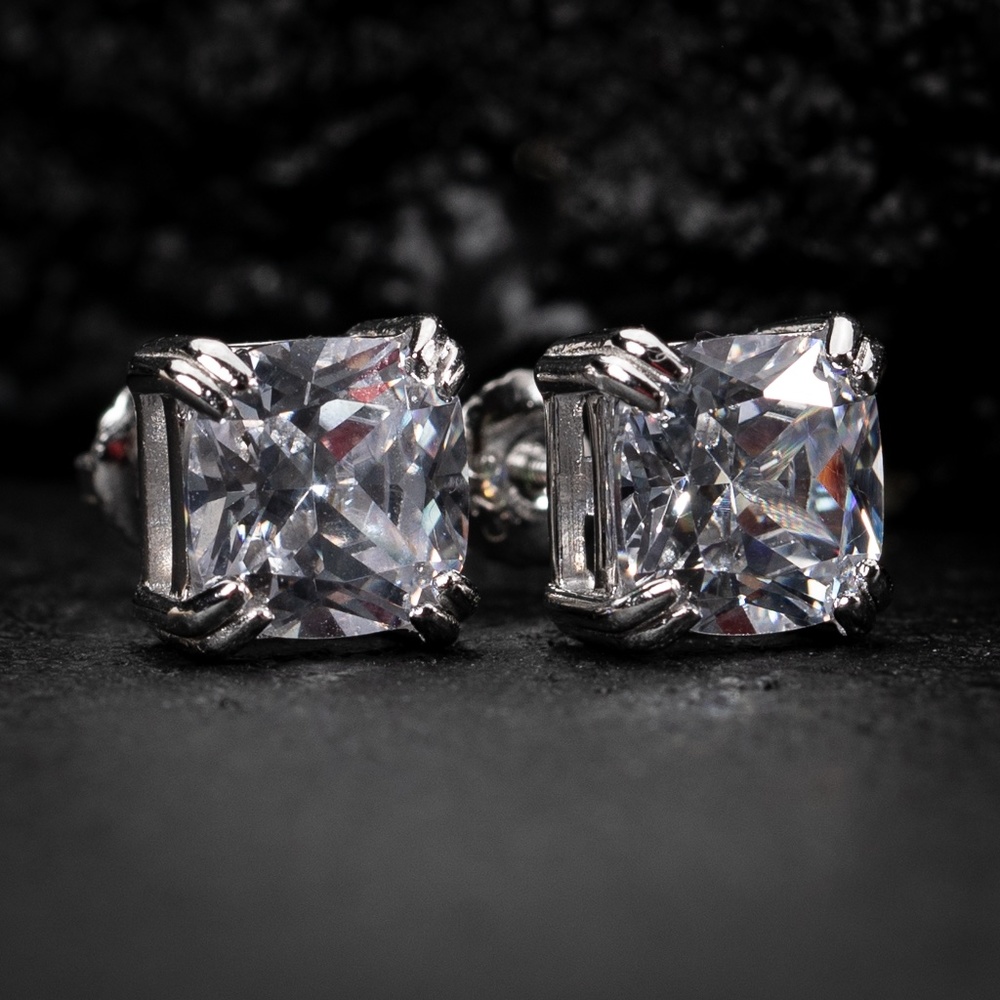 White Gold Plated 925 Sterling Silver Cushion Cut Screw Back Stud Earrin…